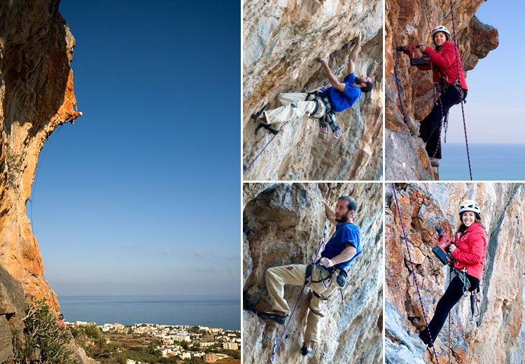 De gauche à droite : Philippe dans "'Ela"(6c+), Aris Mavromatis dans "Coco Bloco"(7c+), Katerina Mastoraki lors de l'équipement de "Miss Latino" (6a)